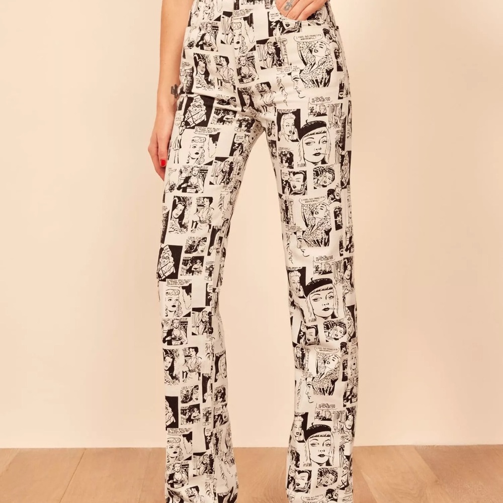 Reformation Black and White Graphic Print Flare Pants